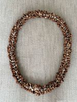 Entire necklace laid flat in oval shape showing full length and shell density