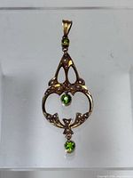 Full view of pendant on clear display showing overall design and stones