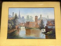 Front view of framed oil on porcelain tile landscape