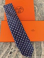 Full view of tie on Hermes box, showing overall color and pattern
