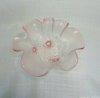 Top view of frosted pink-rim Mikasa bowl with etched cherry blossom design