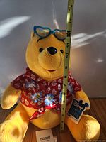 Front view of plush with tape measure showing height, sunglasses and shirt visible