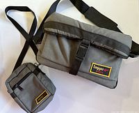 Large and small grey Lugger Photo camera bags with shoulder straps