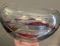 Side view of clear glass bowl showing colored mosaic swirls