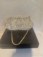 Front view of gold-tone rhinestone clutch showing floral pattern and chain