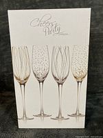 Retail box showing four champagne flutes with distinct gold and silver designs