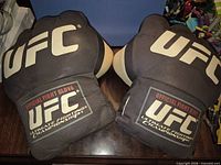 Pair of UFC gloves showing top view with logos and wrist patches