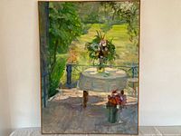 Full view of framed oil on canvas garden scene