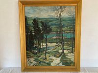 Full view of framed oil landscape painting