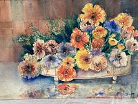 Front view of watercolour showing floral arrangement