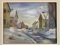Full view of painting showing winter village scene