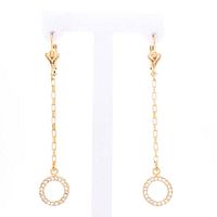 Front view of both drop earrings hanging from display T-bar showing chain length and stone-set circles