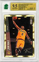 Front of graded Kobe Bryant rookie card showing gold-foil design, player image, grade label