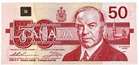 Obverse of 1986 $50 Bank of Canada note showing portrait, denomination, coat of arms, signatures, serial number EHP0791481.