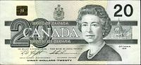 Obverse of 1991 $20 banknote showing Queen Elizabeth II, denomination, serial prefix AWD