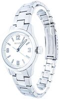 Front and side view of Bulova stainless steel quartz ladies wristwatch showing dial, case, bracelet and clasp
