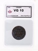 Obverse side of 1859 cent in KSA slab with VG10 label