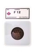 Front view of KSA-slabbed 1893 Canada large cent showing grade F12 label and coin reverse