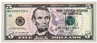 Obverse of series 2013 $5 bill showing serial number MD29966756D