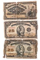 Three Dominion of Canada 25 cent notes displaying fronts, worn condition visible