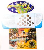Single image showing oval 2000 map display, open 1999 tri-fold coin folder, and 1999 outer sleeve with coins visible