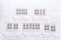 Five album pages displaying the 15 blocks of four 15¢ Canadian stamps with catalog details