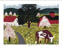 Front view of Maud Lewis “Grazing Cow” giclée print showing entire artwork and border