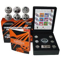 Full set showing display case open with puck, eight medallions, stamp sheet, booklet and outer box
