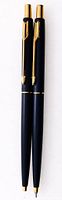 Black Parker Classic pen and pencil with gold trim side by side
