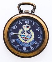 Front view of pocket watch showing dial, crest, numerals, brass-tone case
