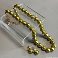 Necklace coiled with extender chain visible, earrings placed below