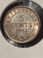 Reverse of 1942 Newfoundland 5 Cents coin showing denomination and date