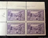 Front view of the inscription block of four Canadian 4¢ Halifax Bicentenary stamps