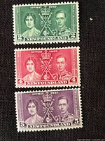 front view of three Newfoundland 1937 Coronation stamps 2c 4c 5c