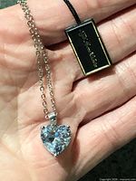 Close-up of pendant and tag showing brand and stone detail