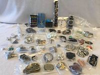 Wide view of 50 bagged jewelry pieces spread on surface
