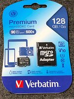 Front of sealed Verbatim Premium microSDXC 128GB package showing card and adapter