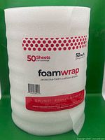 Full view of foamwrap roll with label indicating 50 sheets 12 in × 50 ft