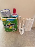 Overall lot showing Bounty pack, disposable plates on top, red cups, printed cups and extra paper-towel rolls