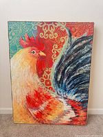 Front view of rooster canvas showing overall artwork and signature