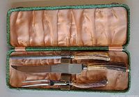 Knife, fork and sharpening steel in open green case with pink satin lining