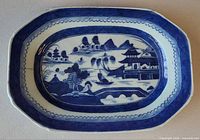 Full view of octagonal-oval Blue Willow platter front