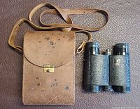 Front view of Carl Zeiss leather case and Tasco binoculars