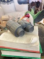 Front view of hummingbird on binoculars over books