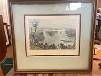 Framed etching showing image, mat and frame