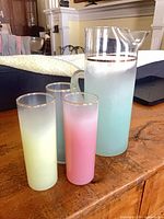 Group view pitcher with three colored frosted glasses