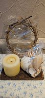 Full lot with wreath, candle, tray, bag of shells