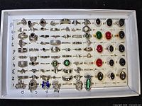 Full view of tray showing entire assortment of rings in slots