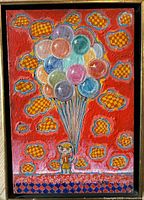 Full view of framed oil painting showing child with balloons