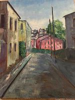 Full view of oil painting showing entire street scene composition
